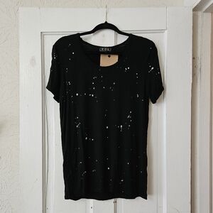POL Women’s Black Short Sleeve Paint Splatter Stretch T-Shirt Size Small
